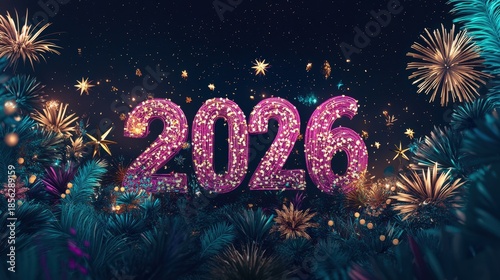 Glittering numeral display for the year twenty twenty six framed by festive foliage and bright explosions