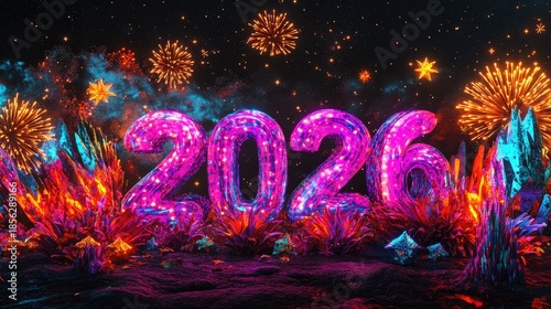 Glowing numbers representing the year twenty twenty six illuminate a dark, fantastical landscape with bright pyrotechnics overhead