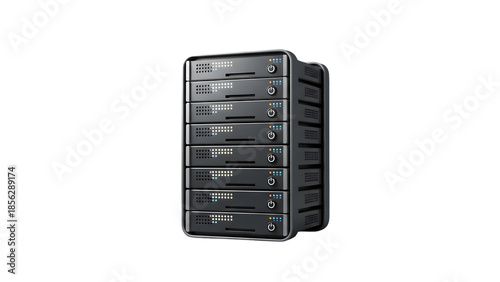 Black server tower with multiple disk drives and power buttons on front panel