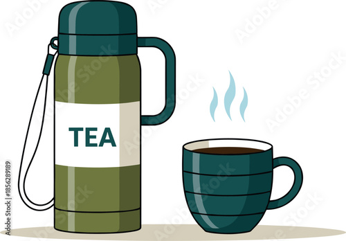 Insulated thermos flask with "TEA" label and a steaming hot mug flat design vector illustration, perfect for travel, outdoor activities, and beverage concepts.