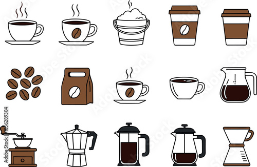 Large set of coffee icons and elements vector illustration, showcasing brewing equipment, takeaway cups, beans, and hot beverages in a modern outline doodle style.