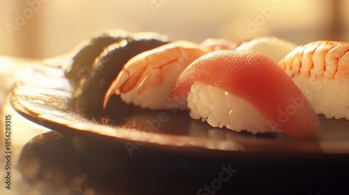 Delicious sushi platter with various types of sushi served on plate