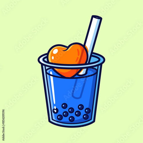Blue Boba Tea with Heart-Shaped Jelly and Straw.