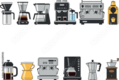 Large vector set of coffee making equipment icons, featuring espresso machines, pour-over, grinder, and brewing devices for cafe menu and home barista technology.