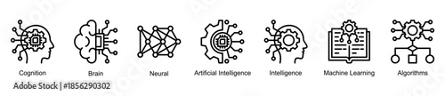 Artificial Mind web banner icon illustration featuring cognition, brain, neural networks, artificial intelligence, intelligence, machine learning, and algorithms