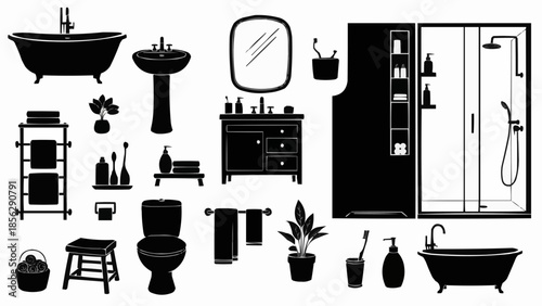 Collection of bathroom furniture and accessories silhouettes.
