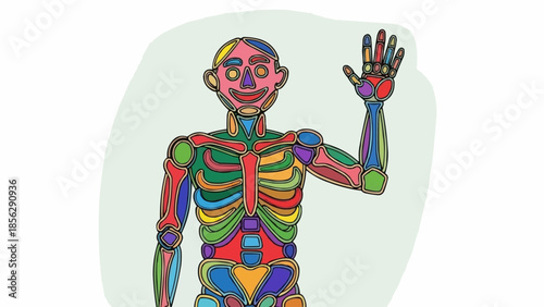 Colorful Human Skeleton Waving Hello Cartoon Style.