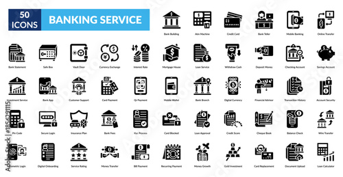 Banking Service Glyph Icon Set. Bank Building, Atm Machine, Credit Card, Teller Counter, Mobile Banking App, Online Money Transfer, Savings Account