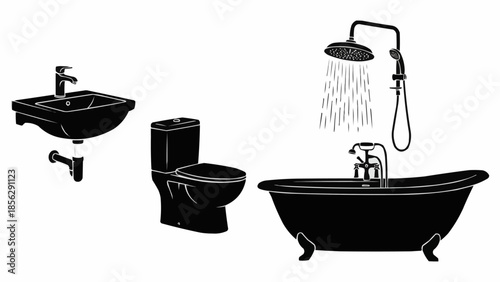 Bathroom fixtures including sink toilet and bathtub with shower.