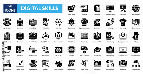 Digital Skills Glyph Icon Set. Coding Basics, Data Entry, Spreadsheet Management, Presentation Design, Video Editing Skills, Web Navigation, Online Research Methods