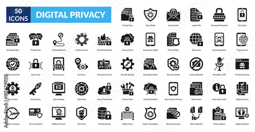 Digital Privacy Glyph Icon Set. Private Data, Data Protection, Secure Email, Locked Files, Password Security, Two Factor Authentication, Fingerprint Id