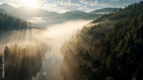 Misty morning mountains with soft fog over forested hills and a calm lake at sunrise