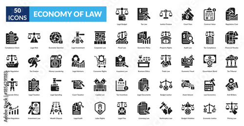 Economy Of Law Glyph Icon Set. Legal Budget, Tax Regulations, Justice Finance, Court Fees, Contract Valuation, Regulatory Expenses, Financial Penalties