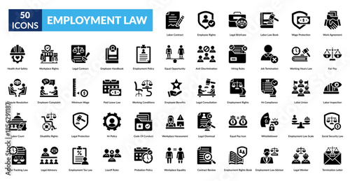 Employment Law Glyph Icon Set. Labor Contract, Employee Rights, Legal Briefcase, Labor Law Book, Wage Protection, Work Agreement, Fair Wage
