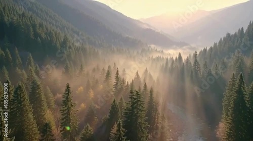 Sunrise over snowy mountains with misty forests and clouds