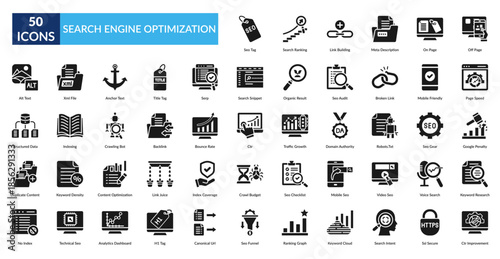Search Engine Optimization Glyph Icon Set. Seo Tag, Search Ranking, Link Building, Meta Description, On Page, Off Page, Page Speed