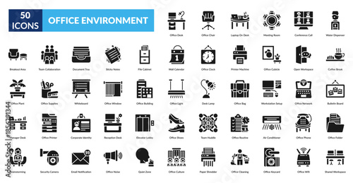 Office Environment Glyph Icon Set. Office Desk, Office Chair, Laptop Desk, Meeting Room, Conference Call, Water Dispenser, Coffee Break