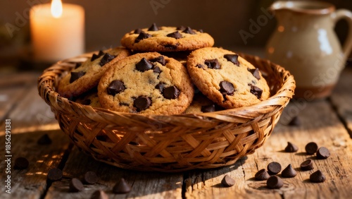 chocolate chip cookies in a rattan basket 