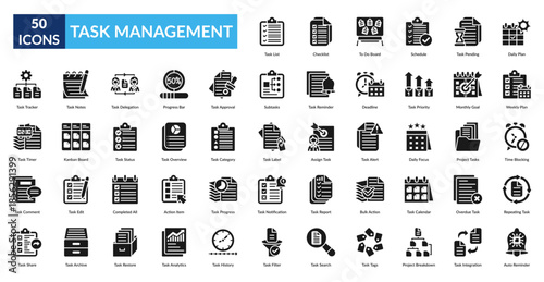 Task Management Glyph Icon Set. Task List, Checklist, To Do Board, Schedule, Pending Task, Daily Plan, Weekly Plan