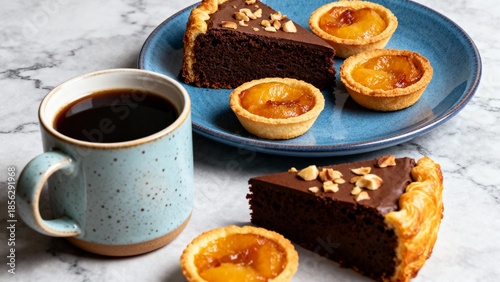 chocolate cake slices with coffee, morning coffee