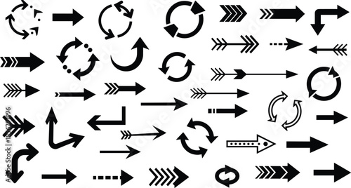Set of black arrow silhouettes, directional pointers, circular refresh icons, feathered archer arrows, curved navigation symbols, and thick bold pointers, vector.