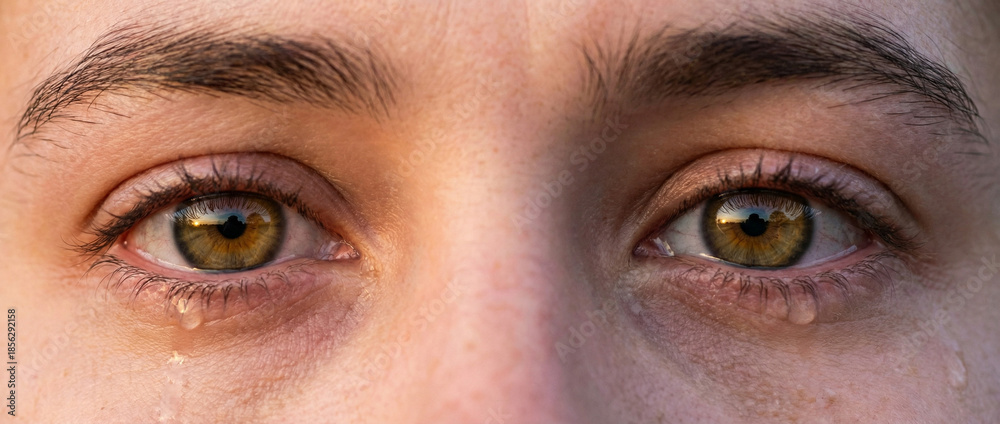 Naklejka premium Close up of emotional human eyes with tears reflecting light in a soulful gaze
