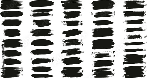 Set of black paint brush strokes, hand drawn ink textures, acrylic smear marks, grunge charcoal smears, and artistic watercolor wash, vector.