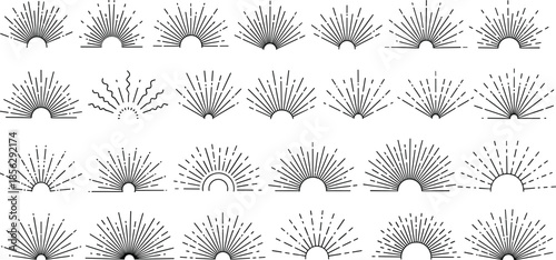 Set of black sunburst ray icons, minimalist rising sun symbols, radial line bursts, half circle light rays, and linear sunrise elements, vector.
