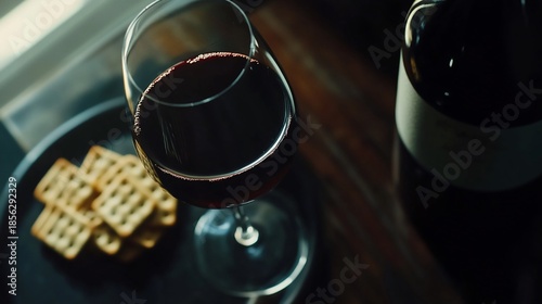 Elegant red wine with crackers for a delightful evening treat close up shot