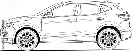 Modern compact crossover SUV car side view line art illustration, ideal for technical drawing, automotive blueprint, and personal transport concepts in black outline.