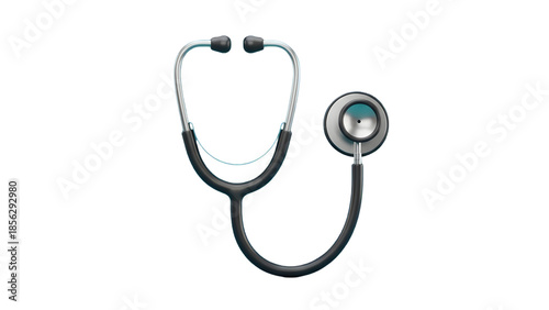 Black and silver stethoscope on white background, medical tool for doctor's diagnosis