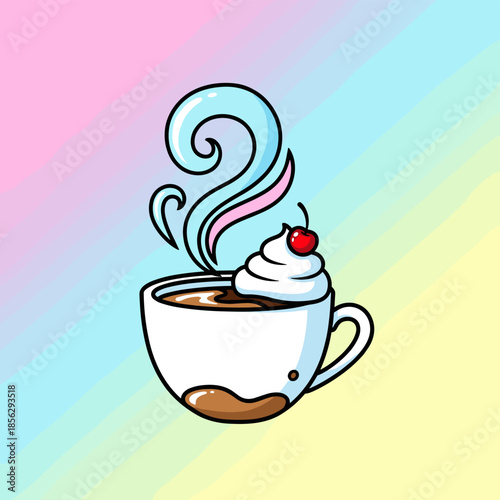 Cartoon Coffee Cup with Whipped Cream and Cherry Illustration.
