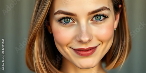 Close-up headshot, elegant, subtle smile, shoulder-length hair,  beauty,  art