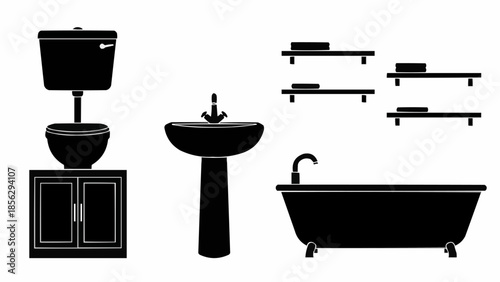 Bathroom fixtures silhouette set including toilet sink bathtub and shelves.