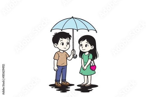 The vector artwork portrays a loving young couple beneath one umbrella in the rain, symbolizing romance, protection, and togetherness in a poetic scene full of feeling and calm beauty.