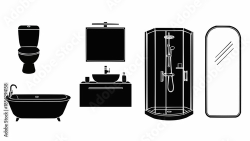 Collection of bathroom fixtures and accessories in silhouette.