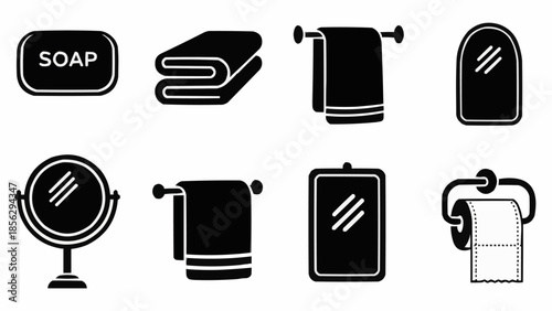 Collection of bathroom hygiene and cleaning accessories icons.
