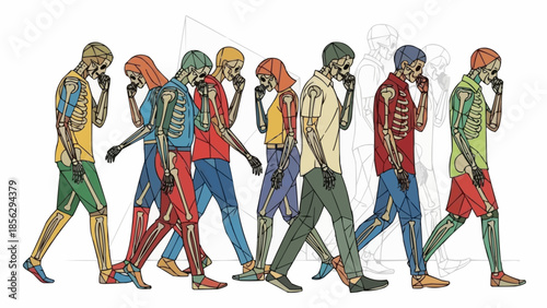 Skeletons walking and using mobile phones.