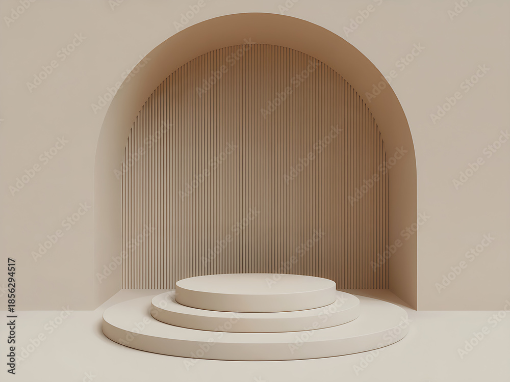 Fototapeta premium Minimalist Podium Stage with Circular Platform and Arch on Beige Background in Modern 3D Rendering for Artistic Presentations and Exhibitions