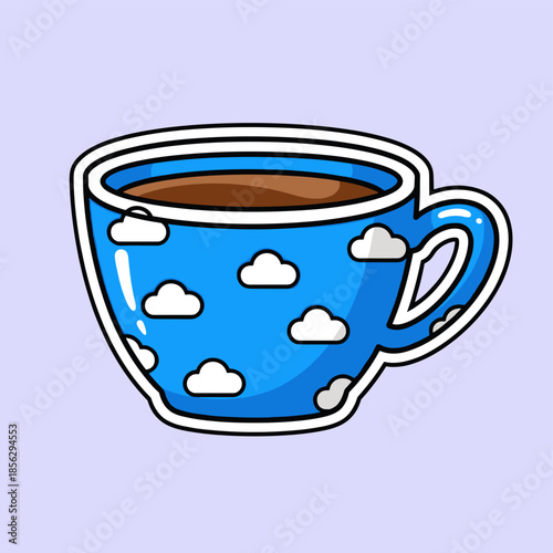 Blue Coffee Cup with Cloud Design Filled with Brown Liquid.