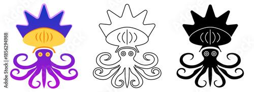 Flat octopus crown mascot logo design vector illustration