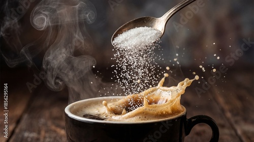Macro close up of white sugar crystals pouring into hot black coffee cup.