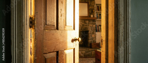 Rustic door open slightly showing cozy room interior with fireplace and books