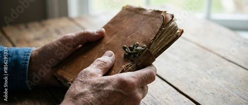 Senior man hands holding leather bound journal on wooden table near window