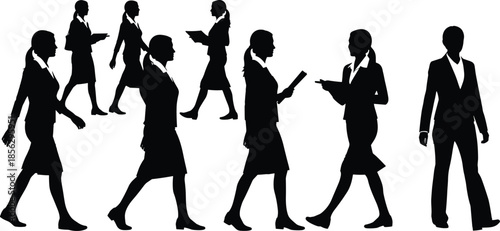 Crowd of Professional Businesswomen Silhouettes Walking, Talking, and Holding Documents, Representing Teamwork, Corporate Success, and Female Leadership.