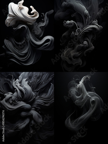 Abstract monochrome swirling patterns on black background