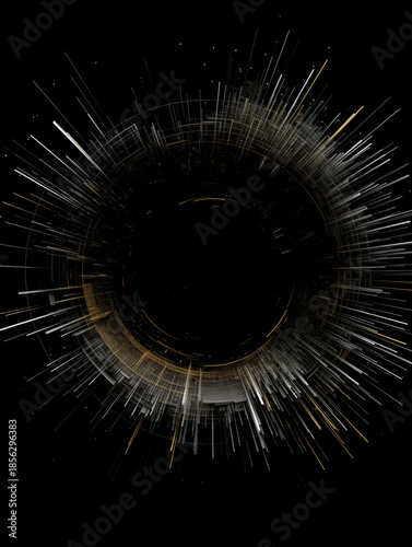 Black circle with radial lines and golden accents on a dark background