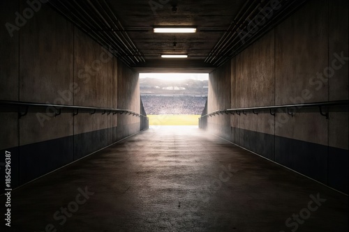 Dark tunnel leading to bright stadium symbolizing ambition and success
