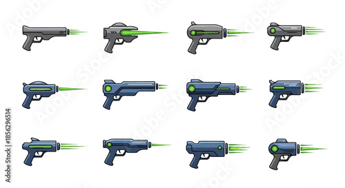 Collection of futuristic laser guns with glowing green energy beams, representing sci-fi weaponry and advanced technology in graphic design