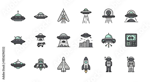 Vast collection of modern vector icons illustrating flying saucers, extraterrestrial beings, and futuristic spacecraft, perfect for cosmic exploration projects and digital designs